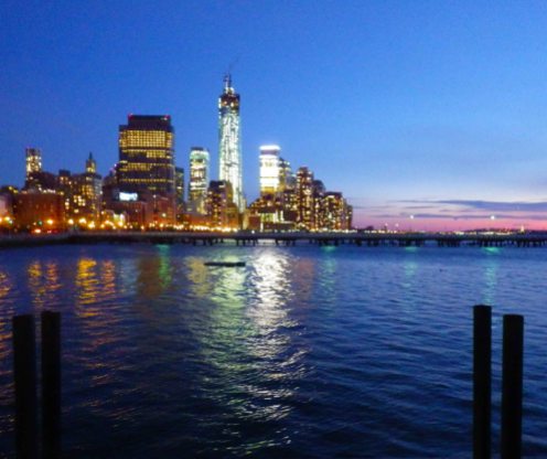 The lights of the new World Trade Center tower shine out brightly in the twilight