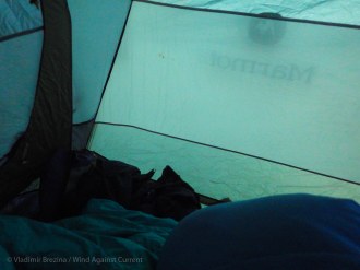 The dawn light filters into our tent