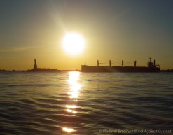 A bulk carrier passes down the harbor in the evening sun
